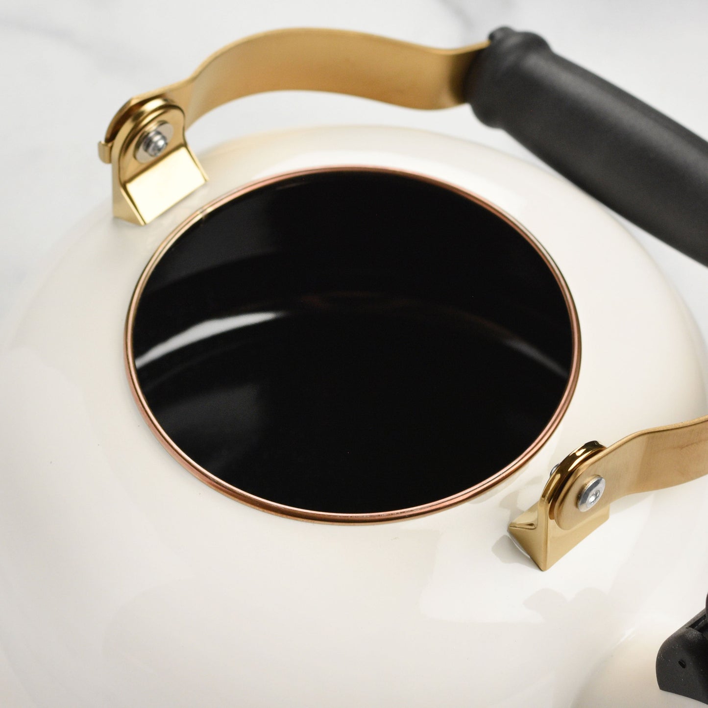 Enameled Steel 1.7-quart White Whistling Tea Kettle with Gold Knob