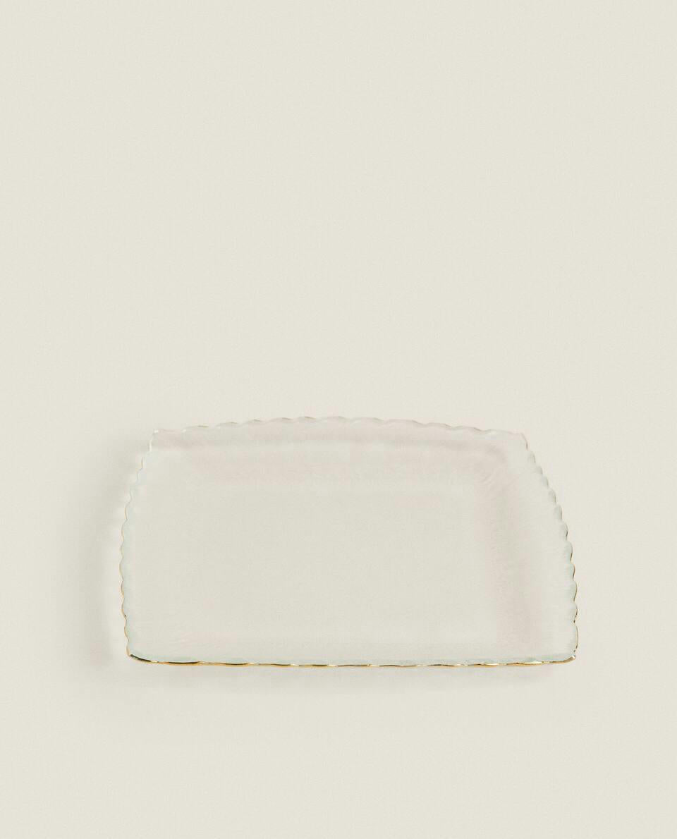 CHRISTMAS GLASS DESSERT PLATE WITH GOLD RIM