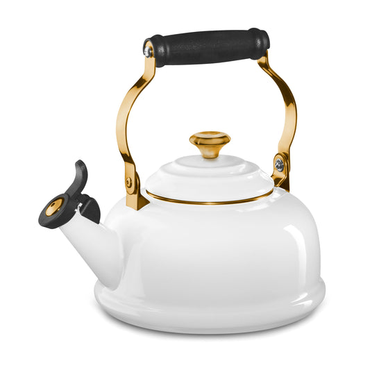 Enameled Steel 1.7-quart White Whistling Tea Kettle with Gold Knob
