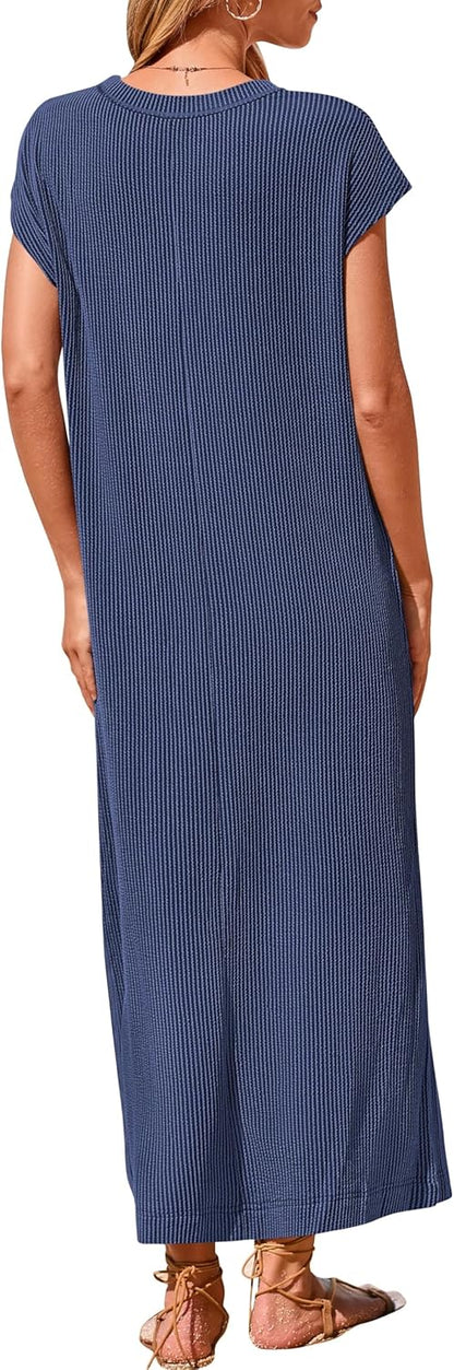 Women's Ribbed Henley Button Up Split Long Dress (Buy 2 Free Shipping)