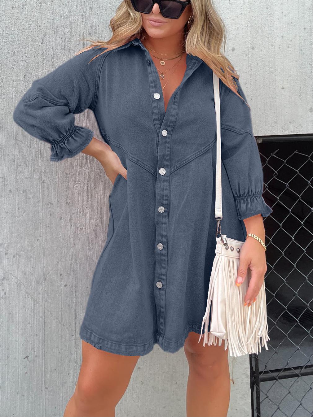 New Washed Denim Puff Sleeve Dress (Buy 2 Free Shipping)