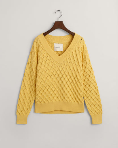 Women's Textured Knit V-Neck Sweater - DUSTY YELLOW