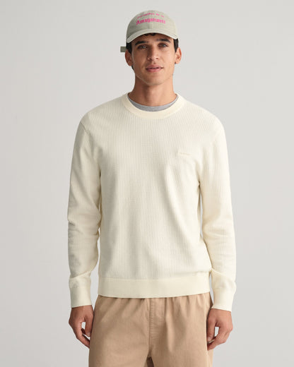 Men's Textured Cotton Crew Neck Sweater - CREAM