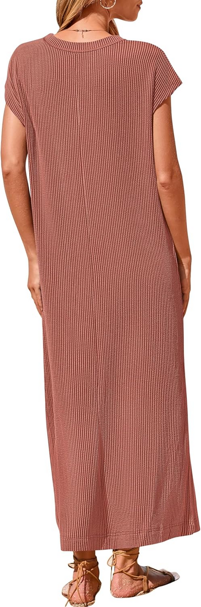 Women's Ribbed Henley Button Up Split Long Dress (Buy 2 Free Shipping)