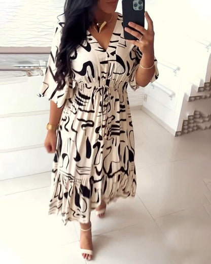 V-Neck Waist Ink Print Dress