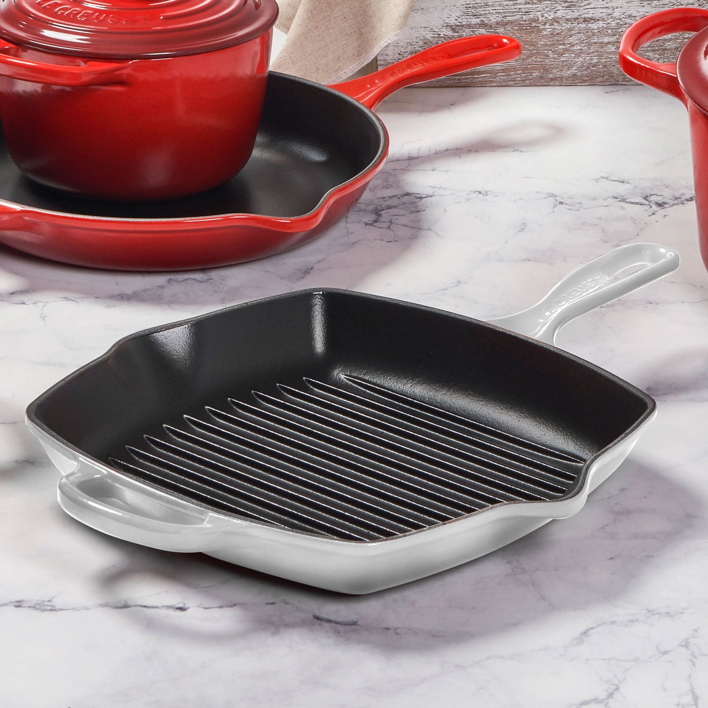 Signature Cast Iron 10.25-inch White Square Grill Pan