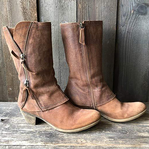 Bottes en cuir à talons épais et fermeture éclair latérale pour femme 