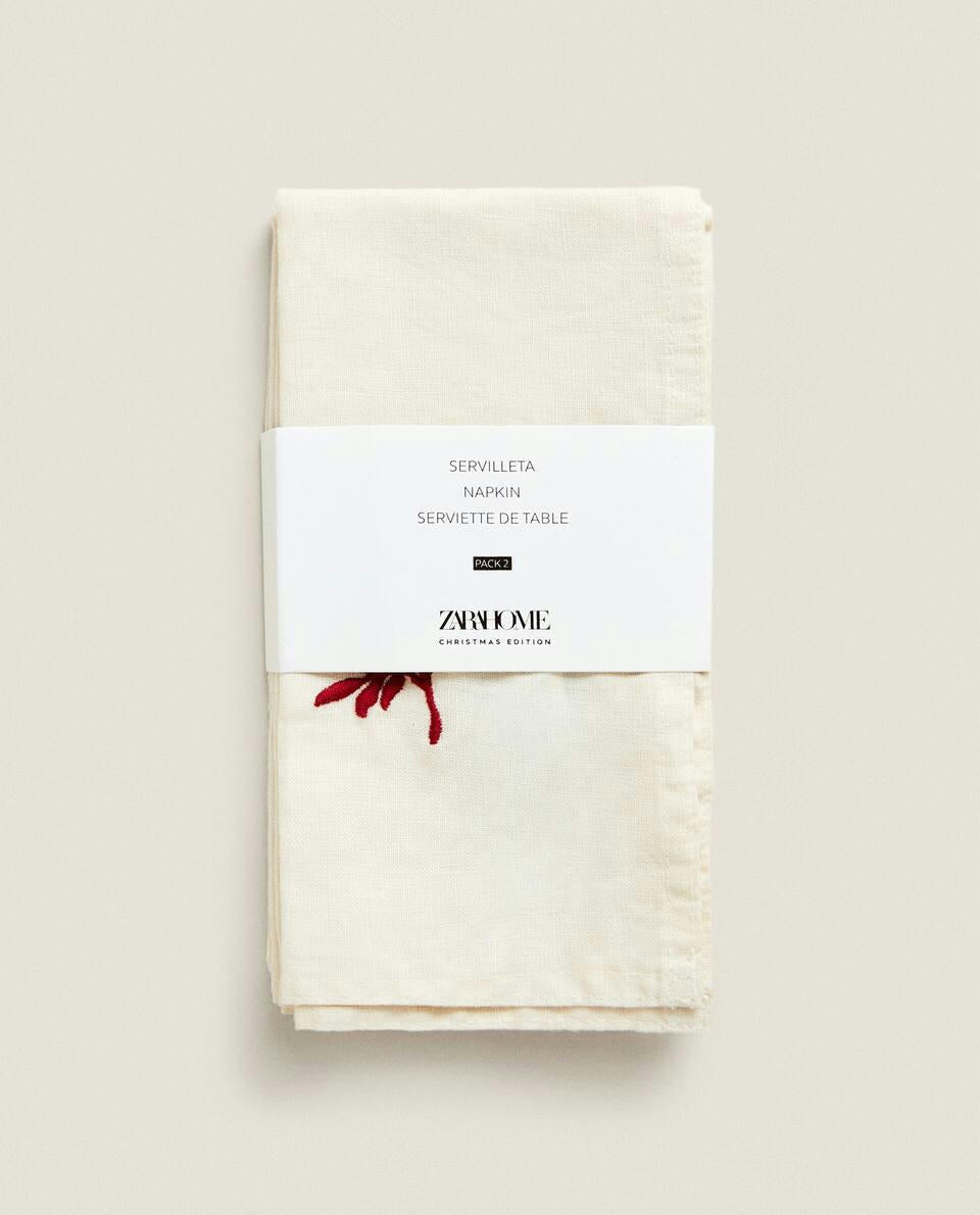 PACK OF EMBROIDERED LINEN CHRISTMAS NAPKINS (PACK OF 2)