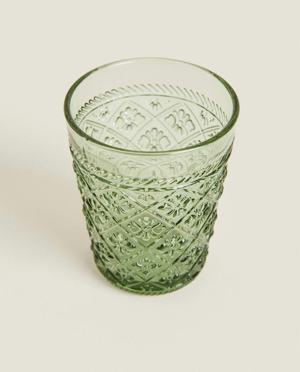 RAISED FLORAL DESIGN GLASS TUMBLER