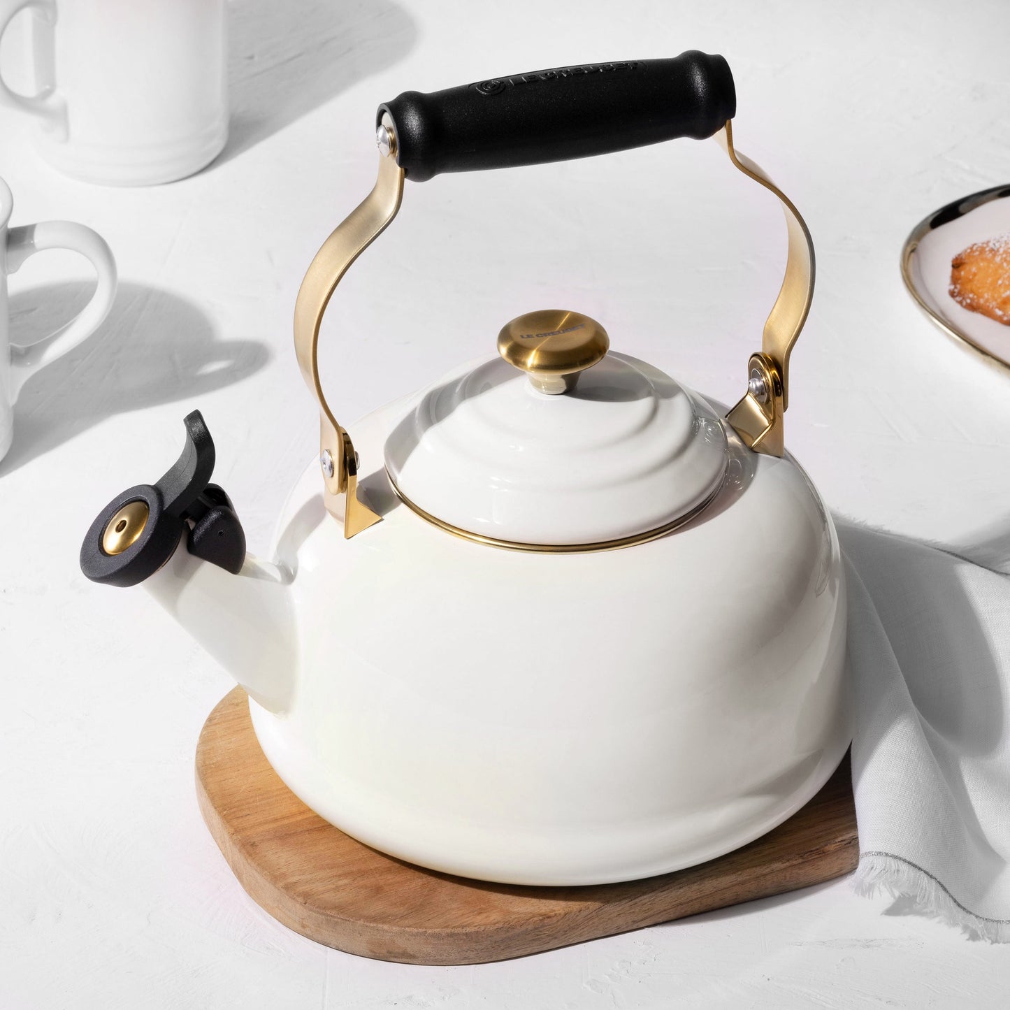 Enameled Steel 1.7-quart White Whistling Tea Kettle with Gold Knob
