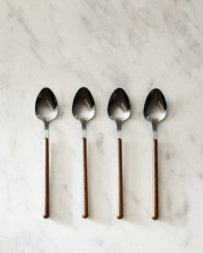 BOX 4 DESSERT SPOONS WITH ROUND HANDLE DETAIL