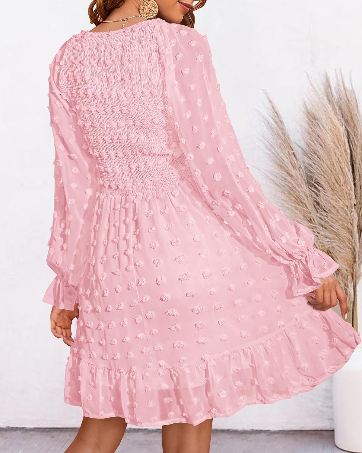 Women's Spring V Neck Swiss Dot Chiffon Mini Dress (Buy 2 Free Shipping)