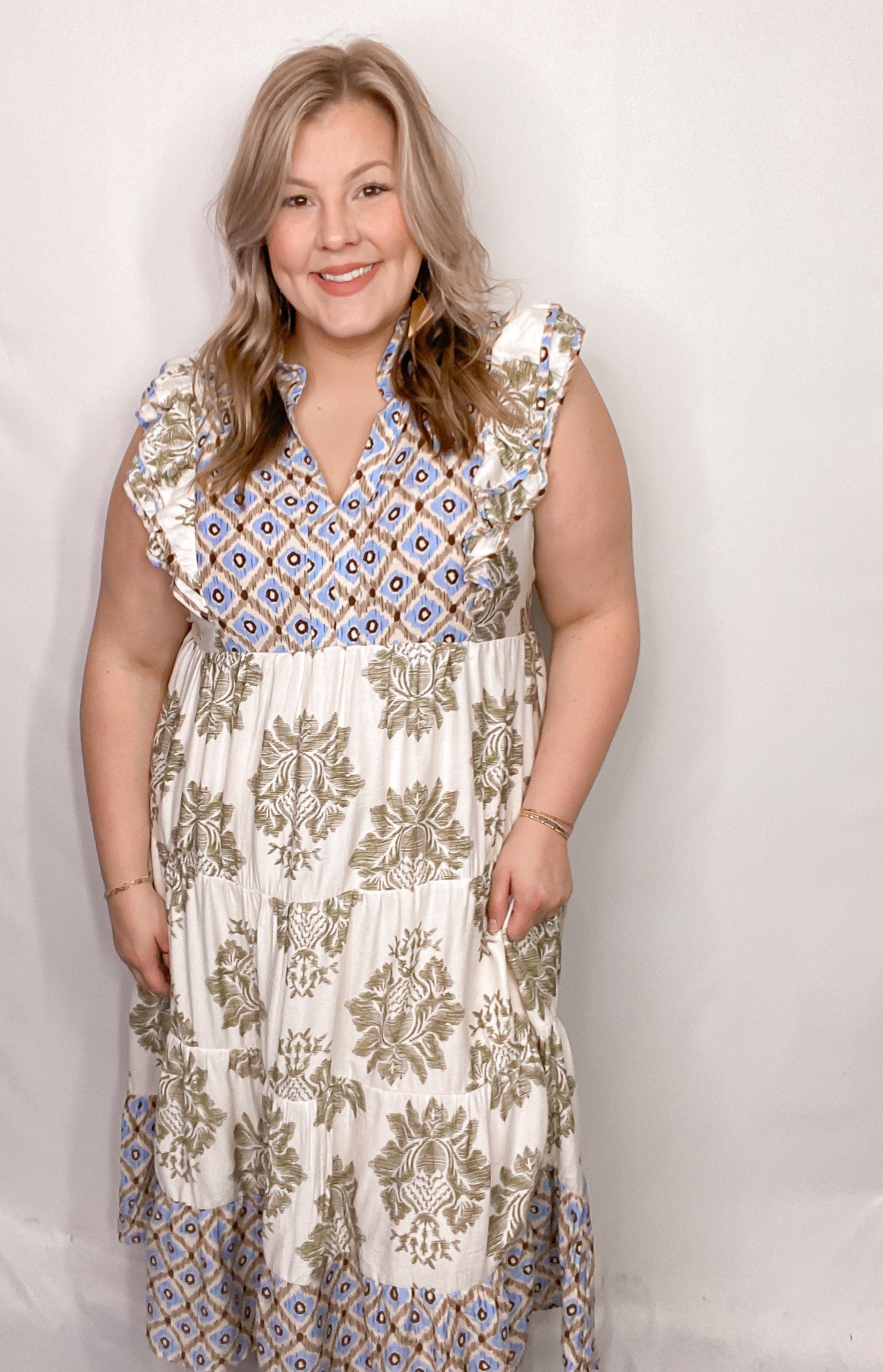 Women's Casual Printed Ruffle Sleeve Midi Dress (Buy 2 Free Shipping)