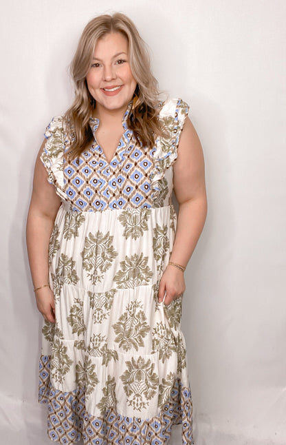 Women's Casual Printed Ruffle Sleeve Midi Dress (Buy 2 Free Shipping)