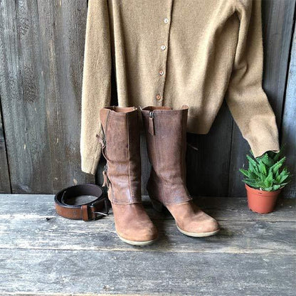 Bottes en cuir à talons épais et fermeture éclair latérale pour femme 