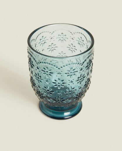 RAISED FLORAL DESIGN GLASS TUMBLER