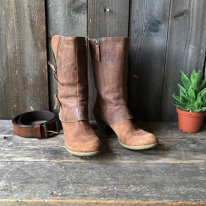 Bottes en cuir à talons épais et fermeture éclair latérale pour femme 