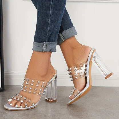 🔥 Promotion du dernier jour - 50 % de réduction - Sandales à talons hauts épais et transparents pour femmes, cloutées et à double bride 