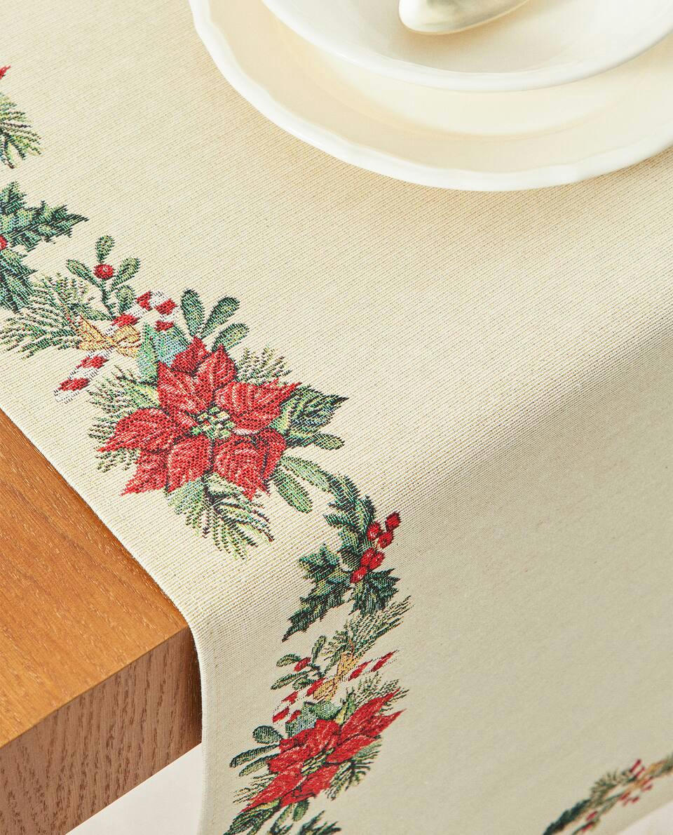 CHRISTMAS POINSETTIA JACQUARD COTTON TABLE RUNNER