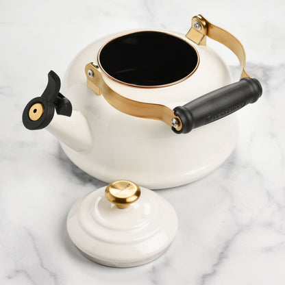 Enameled Steel 1.7-quart White Whistling Tea Kettle with Gold Knob