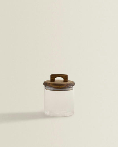 BOROSILICATE GLASS AND WOOD STORAGE JAR