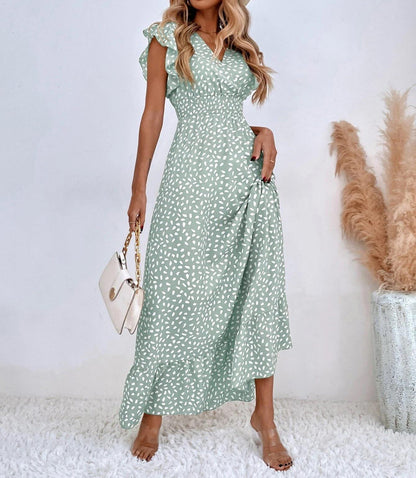 Print Ruffle Sleeve V Neck Maxi Dress