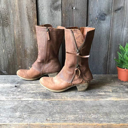 Bottes en cuir à talons épais et fermeture éclair latérale pour femme 