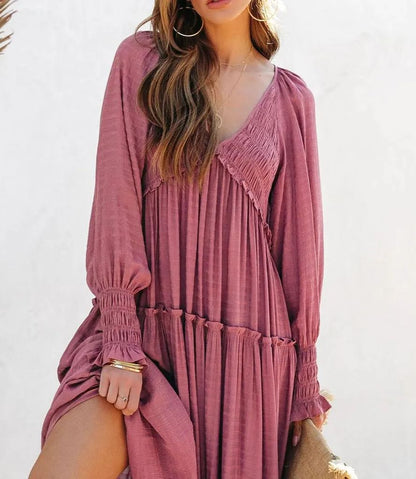 Women's Long Sleeve V Neck Boho Flowy Maxi Dresses (Buy 2 Free Shipping)